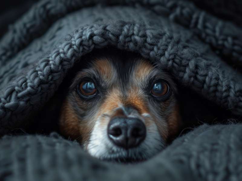 Photo: A dog hides under covers because it is scared of fireworks.
