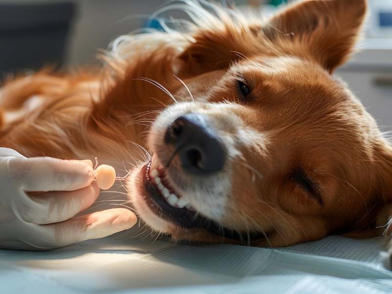 Photo: A vet scales a Collies teeth to clean them.