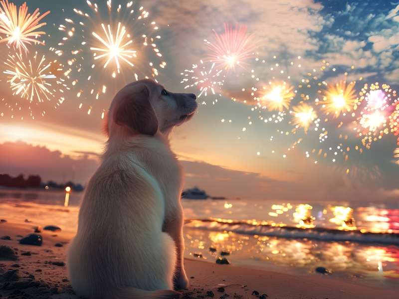 Photo: A puppy sits on the beach and looks at the fireworks.